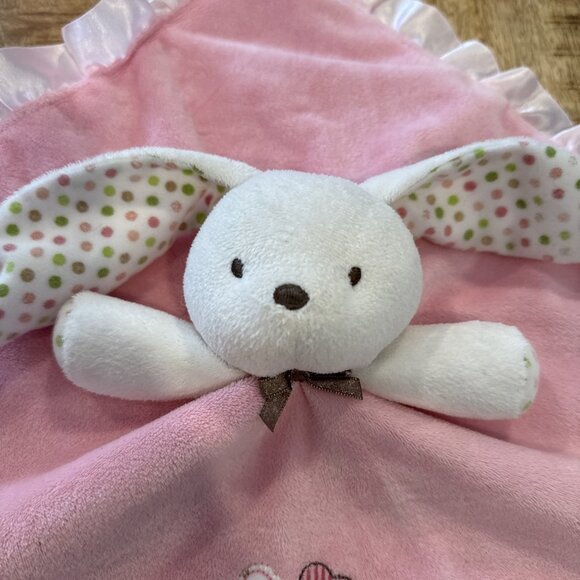 Bunny Pink Long Polka Dot Ear Flower Carters Just one Year Baby Security Blanket - Picture 3 of 7